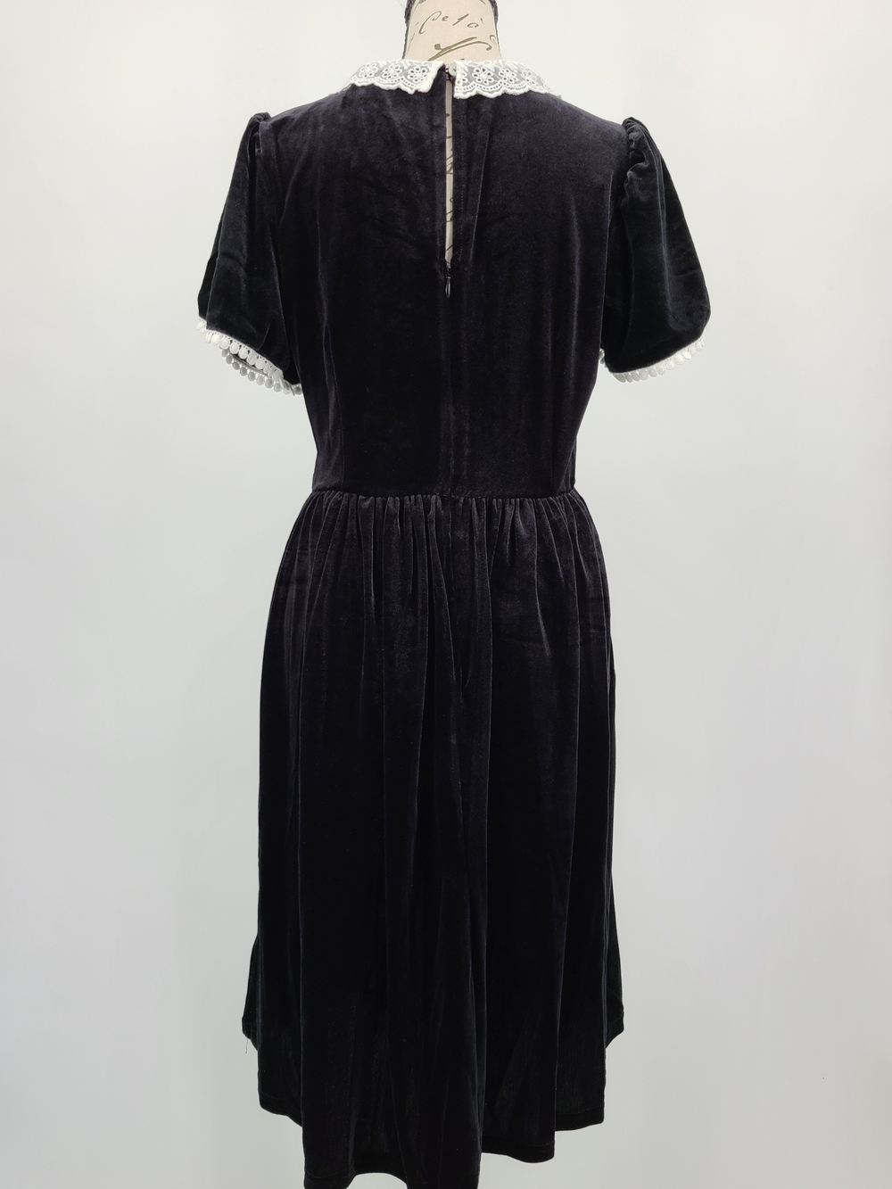 Modcloth Black Velvet Midi Dress with White Lace Trim Size 16 - Picture 8 of 14
